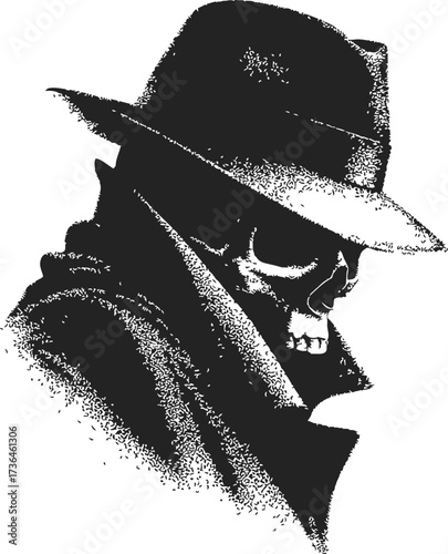 Skull in fedora hat sketch, hand drawn noir style portrait — stock vector