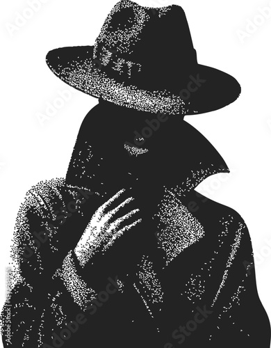 Detective in trench coat and fedora sketch, hand drawn noir mysterious figure — stock vector