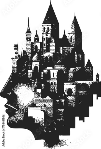 Castle silhouette merged with human face profile, sketch hand drawn surreal art — stock vector