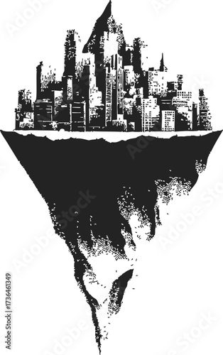 City skyline sketch, hand drawn iceberg concept, urban floating island — stock vector