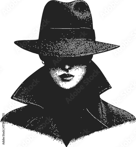 Mysterious woman sketch, hand drawn style, face hidden by wide brim hat and high collar — stock vector