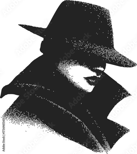 Mysterious figure sketch, hand drawn style, person in wide-brim hat and high collar — stock vector