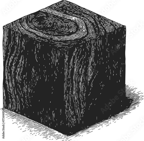 Wood block sketch hand drawn textured cube with grain detail — stock vector