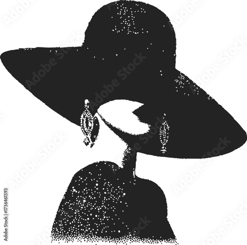 Woman silhouette sketch with wide brim hat and earrings, elegant fashion pose — stock vector