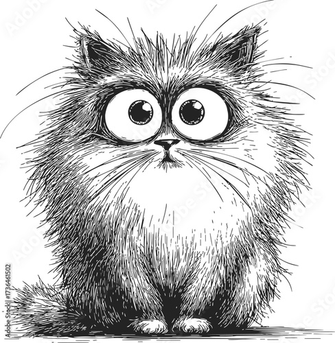 Fluffy cat sketch hand drawn with big eyes and expressive fur — stock vector
