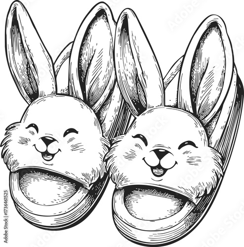 Bunny slippers sketch hand drawn style with smiling cartoon rabbit faces — stock vector