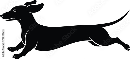 Black silhouette vector of running dachshund dog with long body, short legs, flapping ears, and dynamic leaping motion pose design