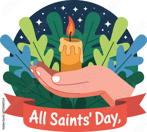 Gentle hand cradles a lit candle amidst lush foliage, symbolizing remembrance and hope on All Saints' Day.