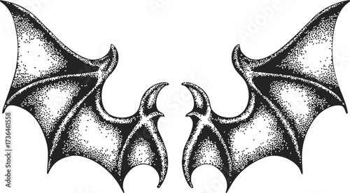 Bat wings sketch hand drawn symmetrical pair with stipple shading — stock vector