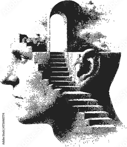 Human head silhouette sketch, hand drawn surreal stairs and open door concept — stock vector
