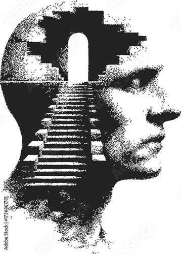 Human head sketch with staircase and open doorway, surreal conceptual art — stock vector