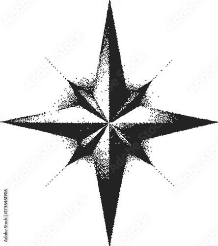 Compass rose sketch hand drawn with stippling texture, black and white navigation symbol — stock vector