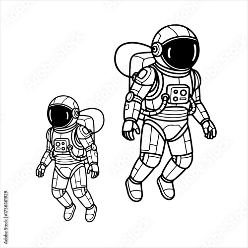 Stylized graphic vector illustration of two astronauts floating in zero gravity, depicted in a clean monochrome line art style, perfect for science, technology, and space exploration themes