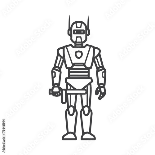 Sleek minimalist line art illustration featuring a standing humanoid robot, symbolizing advanced artificial intelligence, automation, and the future of technology with a clean vector design