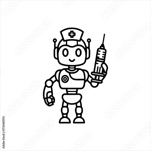 Outline illustration of an advanced robotic nurse holding a syringe, symbolizing innovation in healthcare technology, automation, and future medical assistance