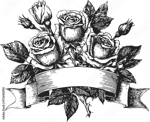 Roses bouquet sketch with blank ribbon banner, hand drawn vintage floral arrangement — stock vector