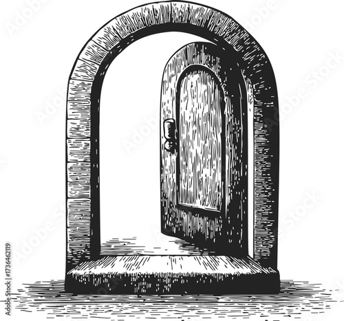 Arched wooden door sketch hand drawn style with open doorway and textured frame — stock vector