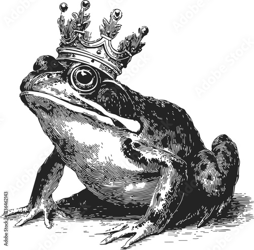 Frog wearing crown sketch, hand drawn vintage style animal king — stock vector