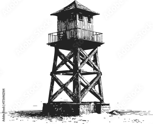 Watchtower sketch hand drawn wooden guard tower with cross-braced structure — stock vector