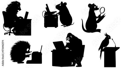 Funny Animal Office Staff Silhouettes Vector Set - Humorous Anthropomorphic Business Characters and Office Scenes