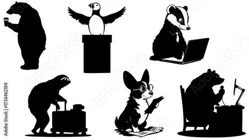 Funny Animal Office Staff Silhouettes Vector Set - Humorous Anthropomorphic Business Characters and Office Scenes
