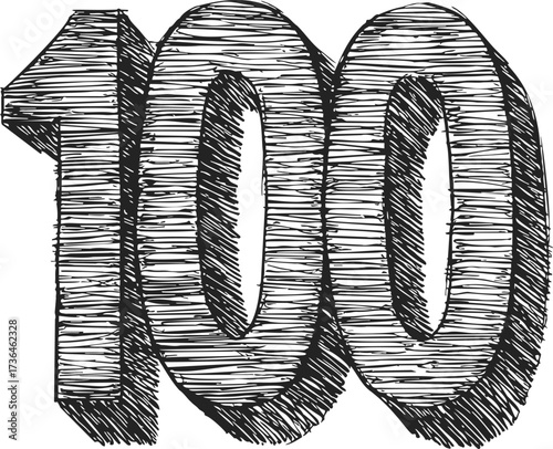 Number 100 sketch hand drawn bold three dimensional numerals — stock vector
