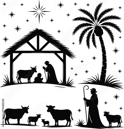 Christmas nativity scene with baby Jesus, Mary, Joseph, animals, palm tree, stars, shepherd, barn silhouette for holiday decoration