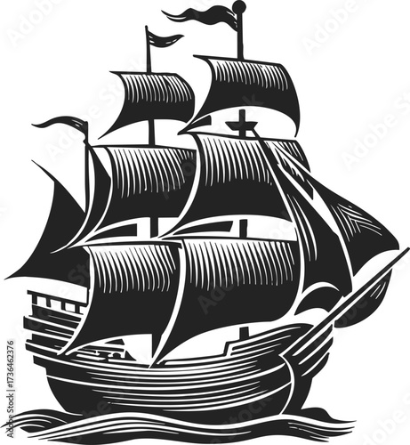 Sailing ship sketch hand drawn with large sails and wooden hull — stock vector