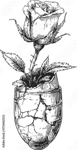 Rose flower sketch in cracked egg shell hand drawn botanical concept — stock vector