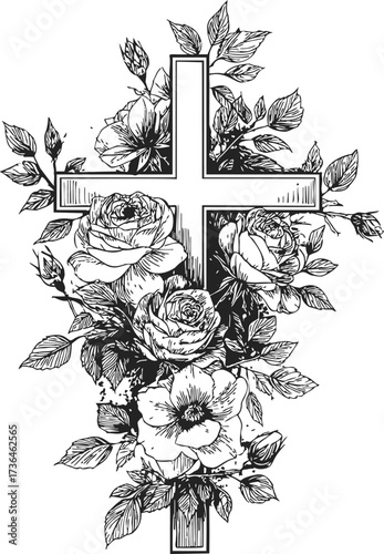 Cross with roses sketch, hand drawn floral arrangement, elegant botanical line art — stock vector