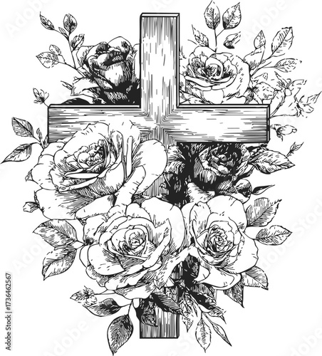 Cross with roses sketch, hand drawn floral arrangement, detailed line art — stock vector