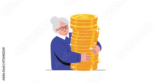 An elderly woman hugs a tall stack of gold coins.