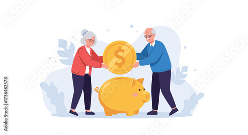 An elderly couple saves money in a piggy bank for retirement planning.