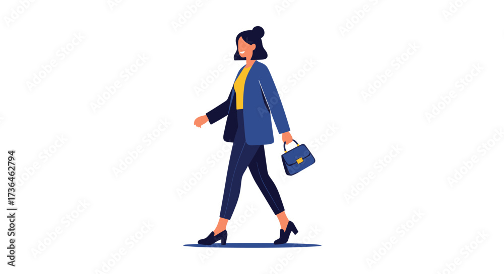 Fototapeta premium A stylish woman in a blue suit walks confidently holding a handbag.