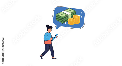 Young person using a smartphone dreams of stacks of money and golden coins.