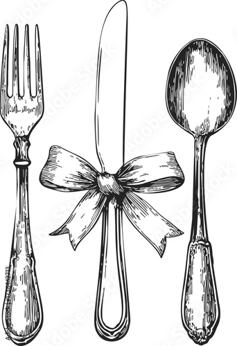 Cutlery set sketch, hand drawn fork knife spoon with ribbon bow — stock vector
