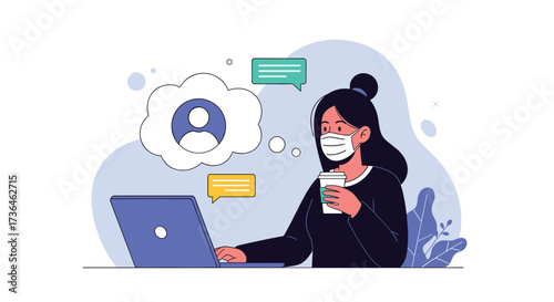 A person wearing a mask is working on a laptop while drinking coffee and thinking about communication.