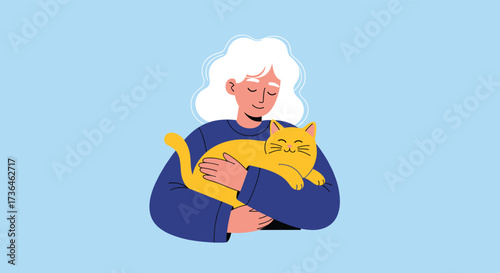A gentle person holds a fluffy yellow cat with a happy expression on a light blue background.