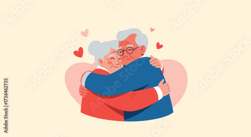 An elderly couple embraces warmly surrounded by hearts representing love and affection.