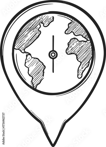 Globe compass hand drawn sketch with map pin outline — stock vector