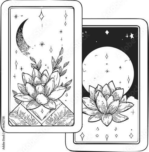 Lotus flower tarot cards sketch, hand drawn mystical moon and stars scene — stock vector