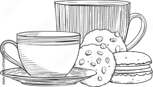 Teacup and mug sketch with cookies and macarons, hand drawn breakfast scene — stock vector