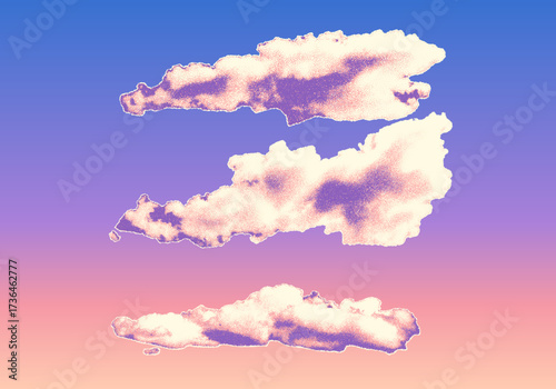Vibrant artistic dotwork cloud with soft pastel colors and stippled texture. Set of clouds
