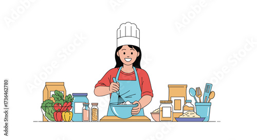 A happy woman in a chef hat and apron is preparing food in a kitchen.