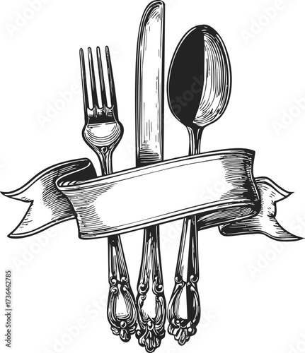 Cutlery sketch hand drawn fork knife spoon with ribbon banner — stock vector