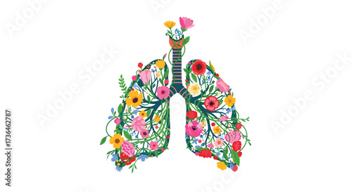 A beautifully rendered illustration of lungs covered in colorful blooming flowers and green leaves.