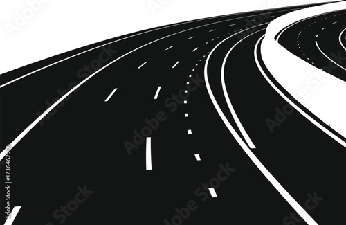 Curved multi-lane highway vector illustration with elevated expressway, urban road design, traffic infrastructure, black and white stylized artwork