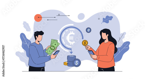 Concept of currency exchange between two individuals using mobile devices.
