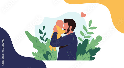 Father holding his baby lovingly surrounded by nature and soft organic shapes.