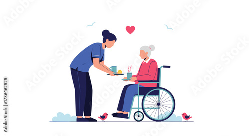 Providing essential care and support for an elderly person in a wheelchair receiving a meal.